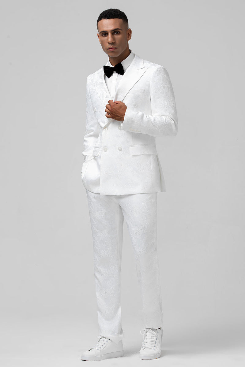 Load image into Gallery viewer, White Slim Fit Peak Lapel Jacquard Double Breasted 2 Piece Men&#39;s Formal Suits