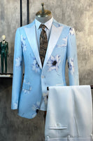 Load image into Gallery viewer, Light Blue Floral Peak Lapel 2 Piece Men&#39;s Suits