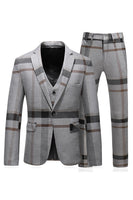 Load image into Gallery viewer, Grey Stripe Notched Lapel Men&#39;s 3 Pieces Formal Suits