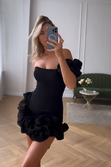 Black Tight One Shoulder Ruffled Short Formal Dress