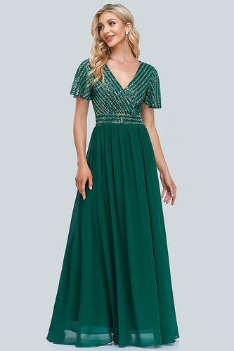 Sparkly V-Neck Green Long Formal Dress with Sleeves