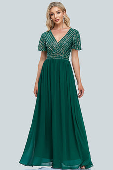 Sparkly V-Neck Green Long Formal Dress with Sleeves