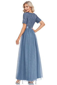 V-Neck Blue Long Formal Dress with Short Sleeves