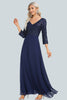 Load image into Gallery viewer, Sparkly V-Neck Sequins Navy Long Formal Dress with Sleeves
