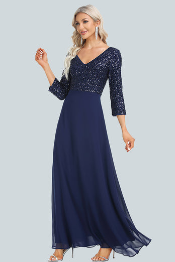 Sparkly V-Neck Sequins Navy Long Formal Dress with Sleeves