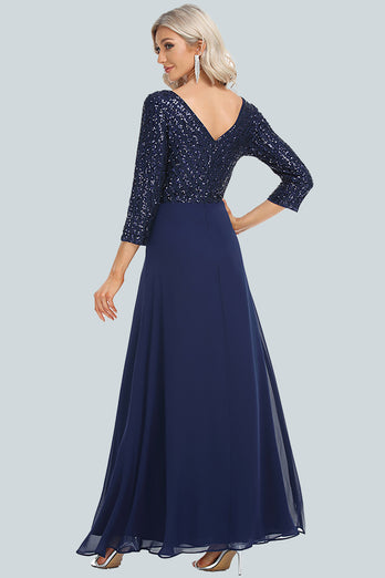 Sparkly V-Neck Sequins Navy Long Formal Dress with Sleeves