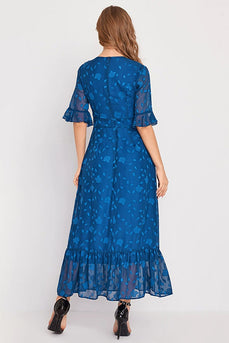 V-Neck Printed Blue Long Formal Dress with Sleeves