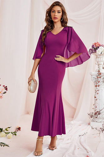V-Neck Sheath Purple Long Formal Dress with Cape