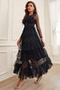 Load image into Gallery viewer, Tulle Boat Neck Black Long Sleeves Formal Dress