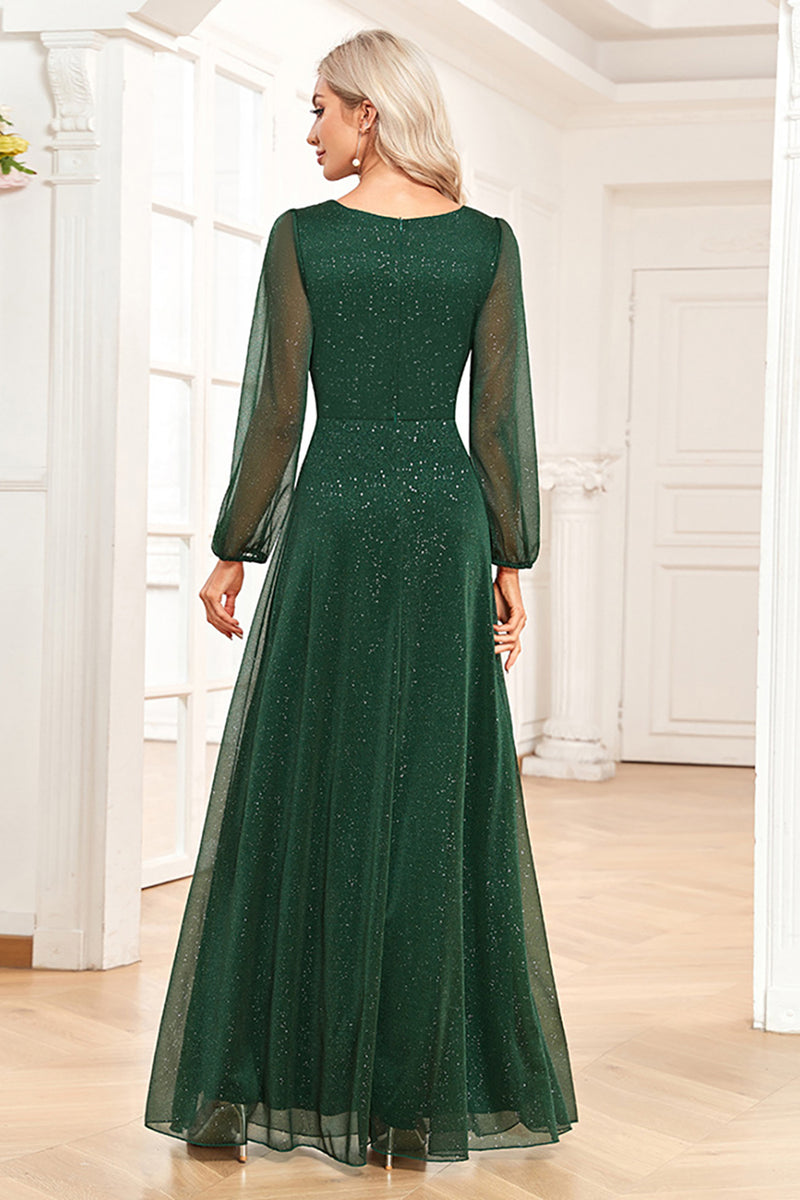 Load image into Gallery viewer, V-Neck Long Dark Green Formal Dress with Sleeves