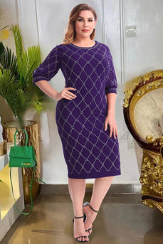 Plus Size Round Neck Purple Mother of The Bride Dress with Sleeves