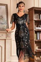 Load image into Gallery viewer, Black Golden V Neck Fringe 1920s Gatsby Dress With Sequins