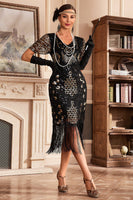Load image into Gallery viewer, Black Golden V Neck Fringe 1920s Gatsby Dress With Sequins