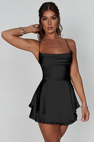 Black A-line Satin Tiered Short Formal Dress
