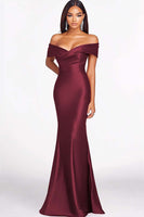Load image into Gallery viewer, Red Satin Off the Shoulder Mermaid Long Formal Dress