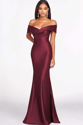 Red Satin Off the Shoulder Mermaid Long Formal Dress
