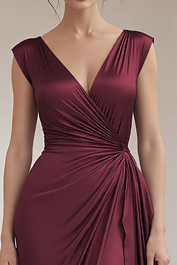 Grey Blue V-Neck Sheath Long Satin Formal Dress