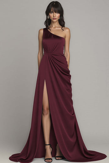 Black One Shoulder A Line Satin Ruched Long Formal Dress with Slit