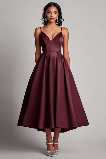 Red Spaghetti Straps Satin Tea Length Long Formal Dress