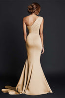 Load image into Gallery viewer, Khaki One Shouder Satin Ruched Mermaid Long Formal Dress