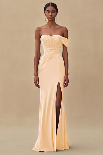Purple Chiffon Ruched Off the Shoulder Long Formal Dress with Slit