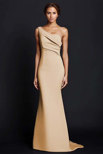 Khaki One Shouder Satin Ruched Mermaid Long Formal Dress