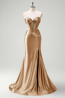 Load image into Gallery viewer, Sparkly Dark Green Corset Beaded Long Satin Formal Dress with Slit