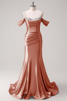 Load image into Gallery viewer, Sparkly Blush Off The Shoulder Long Satin Formal Dress