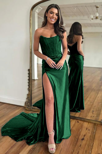 Sparkly Dark Green Sheath Corset Long Formal Dress with Lace