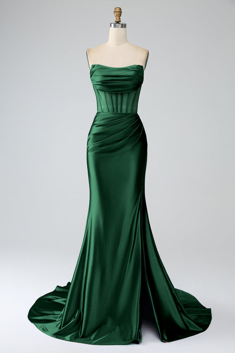 Load image into Gallery viewer, Blush Pink Satin Mermaid Strapless Corset Long Formal Dress with Slit