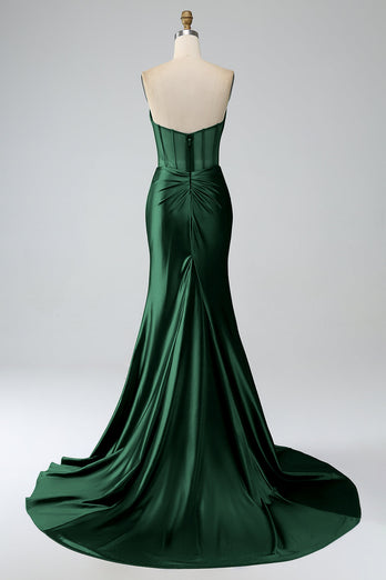 Blush Pink Satin Mermaid Strapless Corset Long Formal Dress with Slit