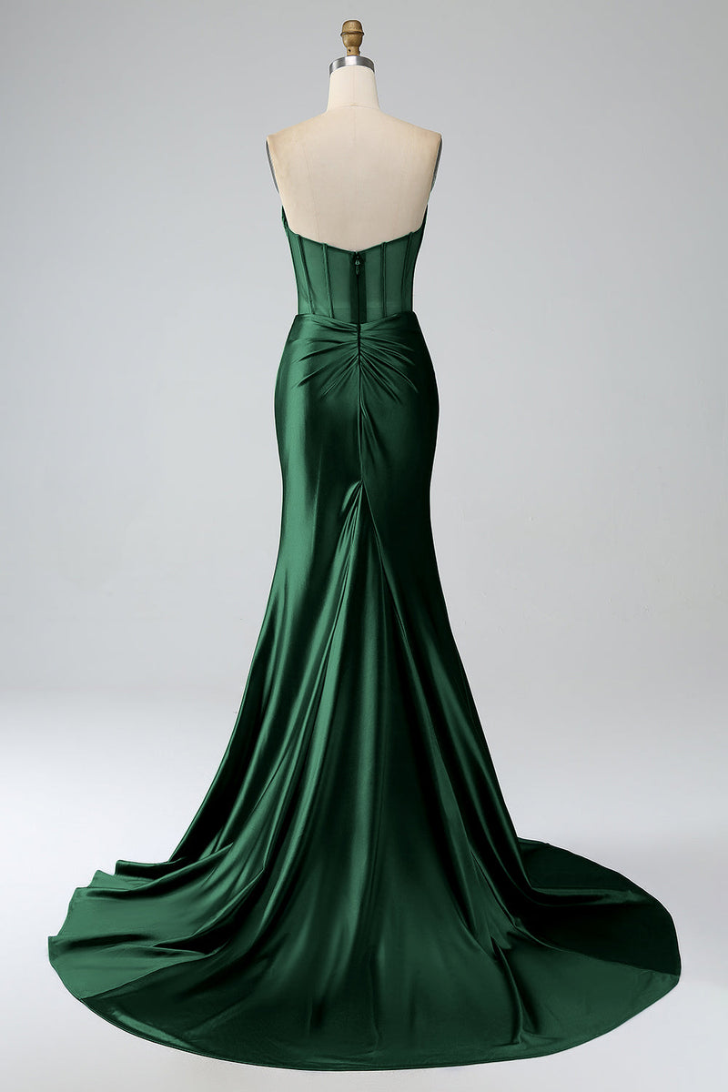 Load image into Gallery viewer, Blush Pink Satin Mermaid Strapless Corset Long Formal Dress with Slit