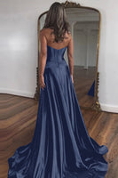 Load image into Gallery viewer, Royal Blue A-Line Corset Satin Long Formal Dress with Slit