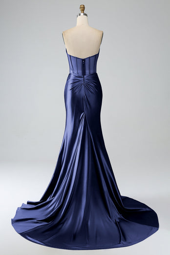 Blush Pink Satin Mermaid Strapless Corset Long Formal Dress with Slit