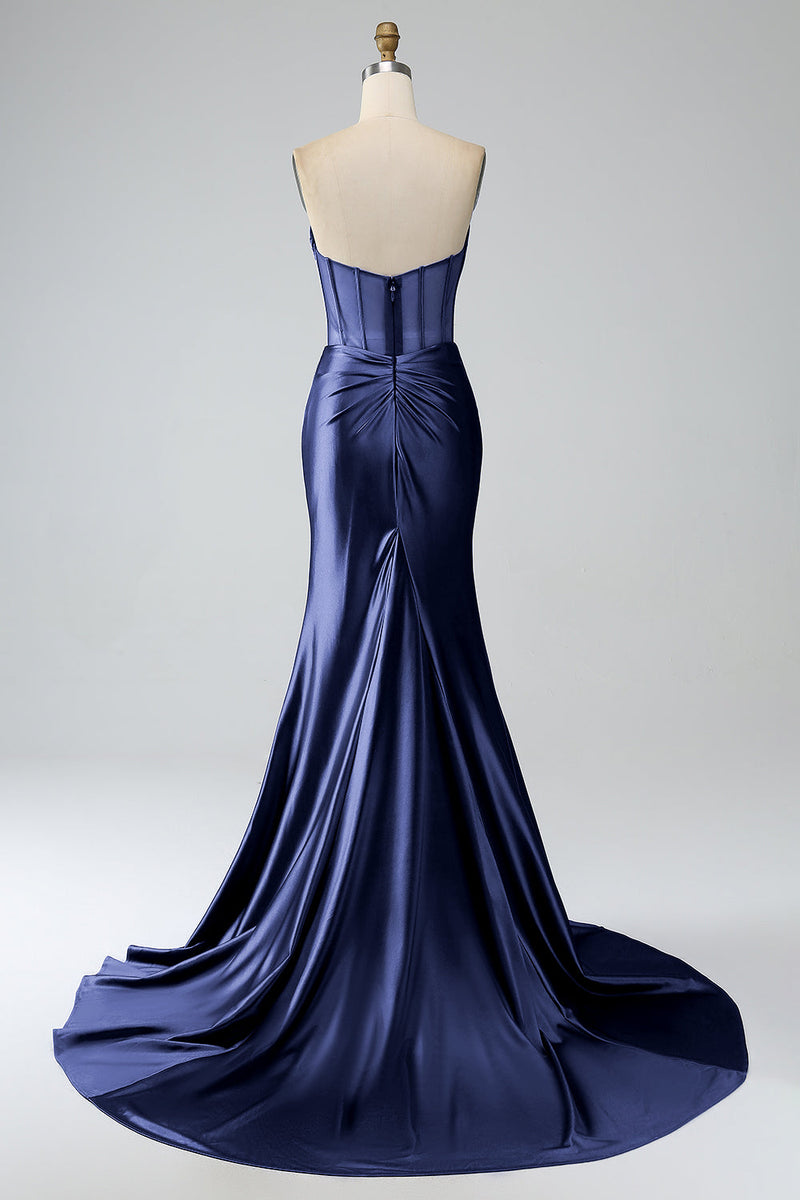 Load image into Gallery viewer, Blush Pink Satin Mermaid Strapless Corset Long Formal Dress with Slit