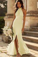 Load image into Gallery viewer, Queendancer Women Daffodil Sheath Chiffon Maxi Formal Dress with Slit Halter Pleated Halter Neck Long Weeding Guest Dress