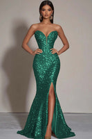 Load image into Gallery viewer, Sparkly Gold Sweetheart Mermaid Long Sequin Formal Dress with Slit