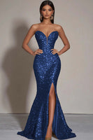 Load image into Gallery viewer, Sparkly Gold Sweetheart Mermaid Long Sequin Formal Dress with Slit