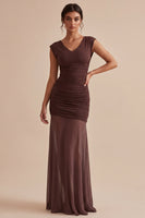 Load image into Gallery viewer, Dark Coffee Chiffon Ruched V-Neck Sheath Long Formal Dress