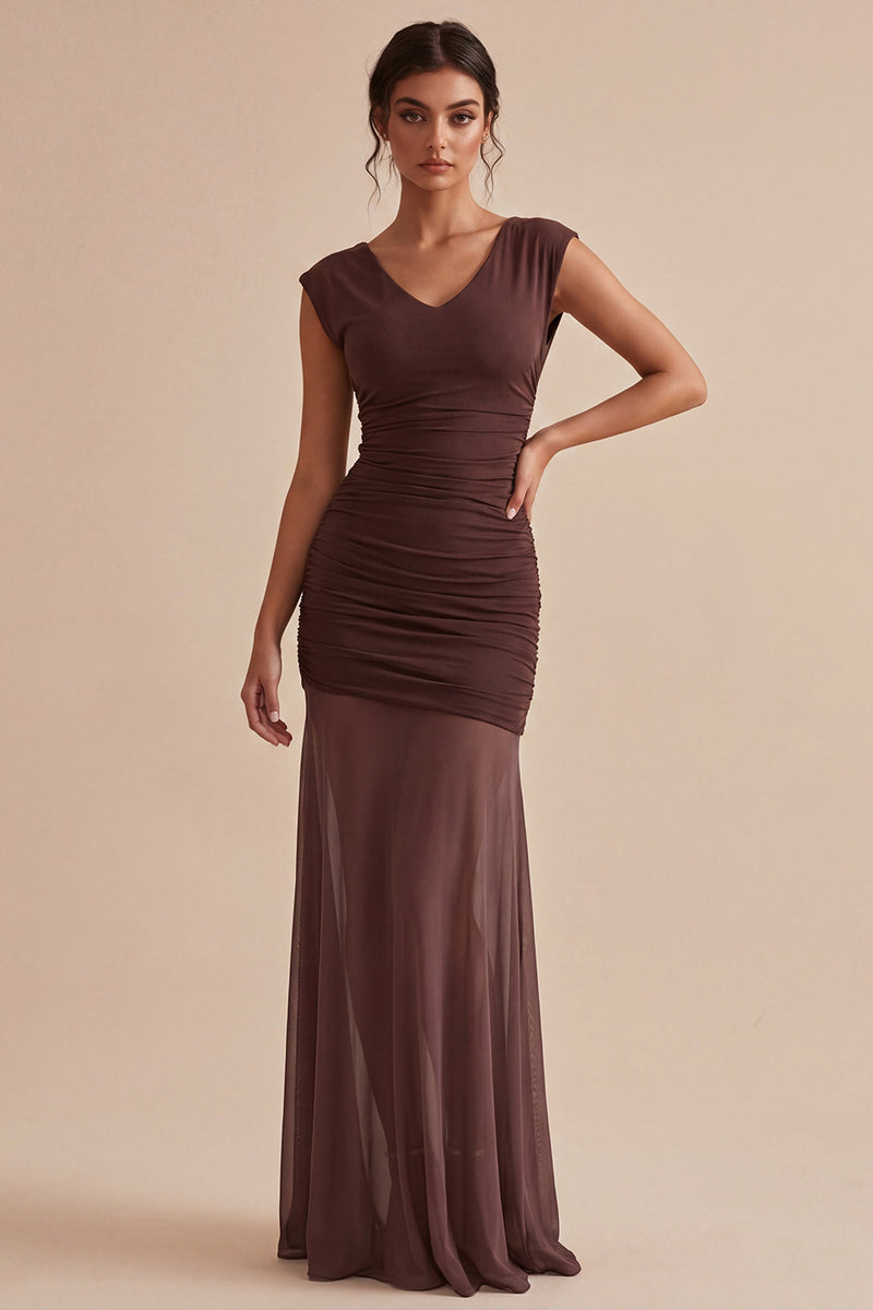 Load image into Gallery viewer, Dark Coffee Chiffon Ruched V-Neck Sheath Long Formal Dress