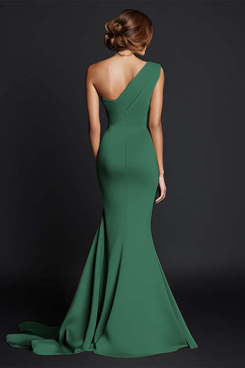 Khaki One Shouder Satin Ruched Mermaid Long Formal Dress