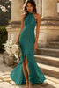 Load image into Gallery viewer, Queendancer Women Dark Green Sheath Chiffon Maxi Formal Dress with Slit Halter Pleated Halter Neck Long Weeding Guest Dress