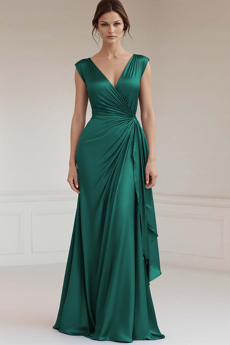 Load image into Gallery viewer, Grey Blue V-Neck Sheath Long Satin Formal Dress