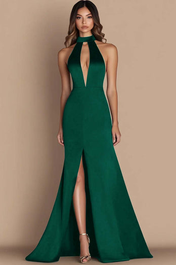 Black Halter Neck Satin Cut Out Mermaid Formal Dress with Slit