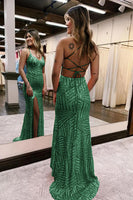 Load image into Gallery viewer, Sparkly Dark Green Open Back Sequins Long Formal Dress with Slit