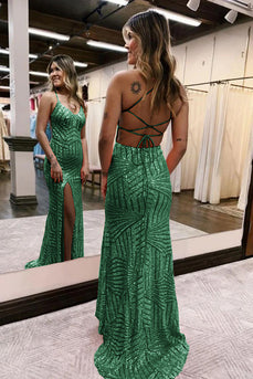 Sparkly Dark Green Open Back Sequins Long Formal Dress with Slit