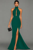 Load image into Gallery viewer, Black Halter Neck Satin Mermaid Formal Dress with Slit