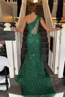 Load image into Gallery viewer, Sheath One Shoulder White Sequins Long Formal Dress with Split Front