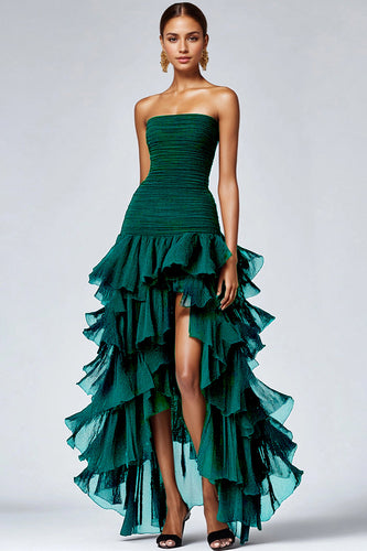 Dark Green Strapless Tiered Long Organza Formal Dress