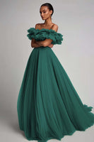 Load image into Gallery viewer, Dusty Sage Tulle A Line Off the Shoulder Long Formal Dress